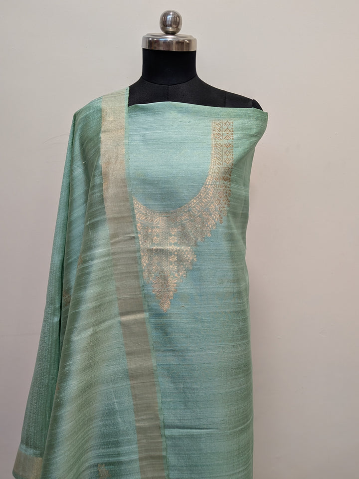 Sage Blue Banarasi Raw Silk Unstitched Suit with Kadhwa Work