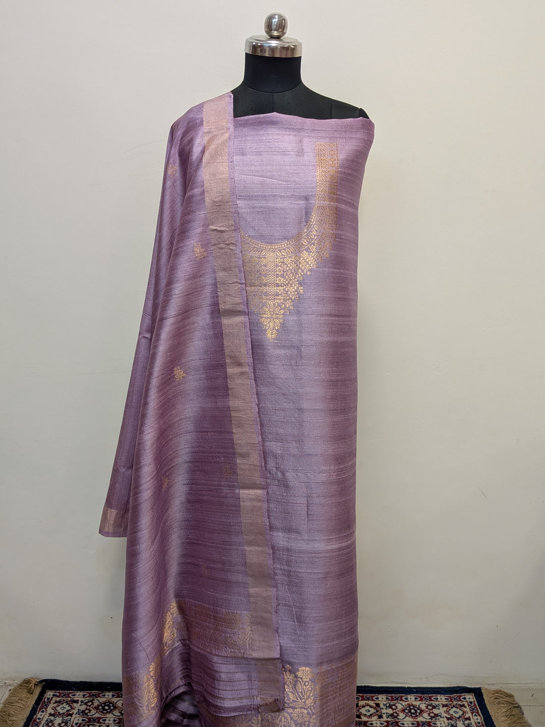 Dusty Lavender Banarasi Raw Silk Unstitched Suit with Kadhwa Work