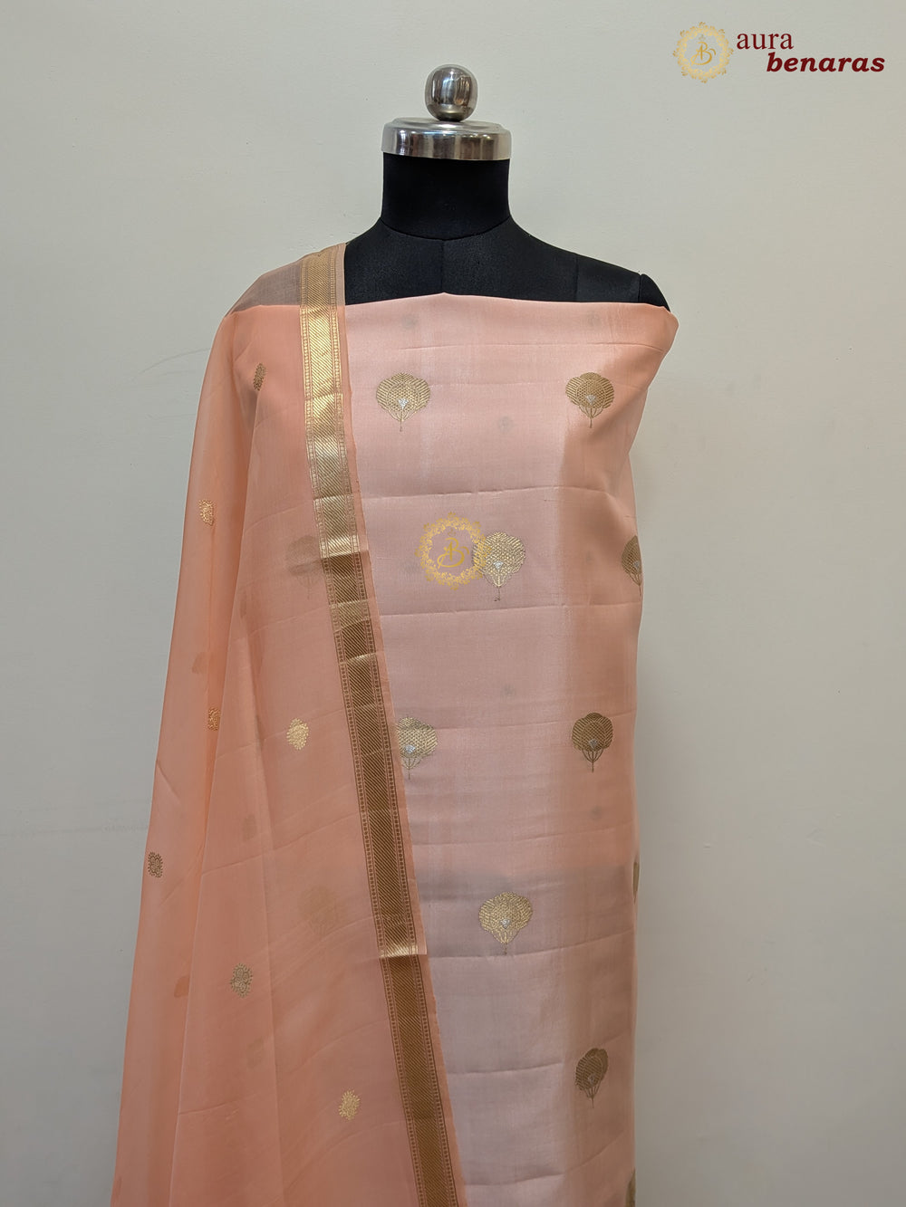 Pastel Peach Pure Banarasi Silk Unstitched Suit with Kadhwa Work