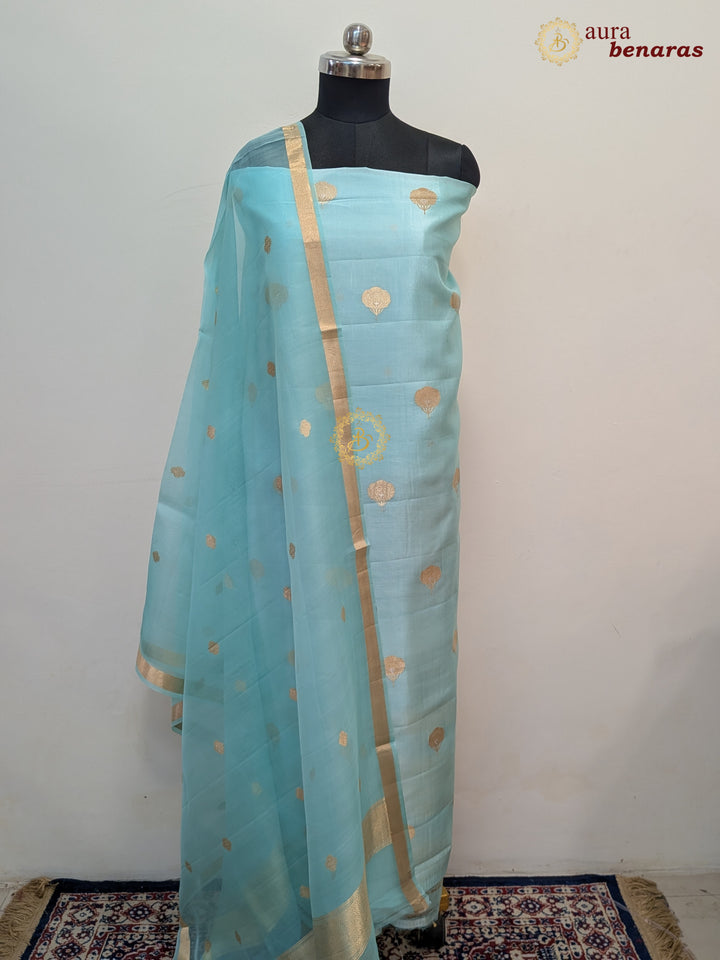 Sky Blue Pure Banarasi Silk Unstitched Suit with Kadhwa Work