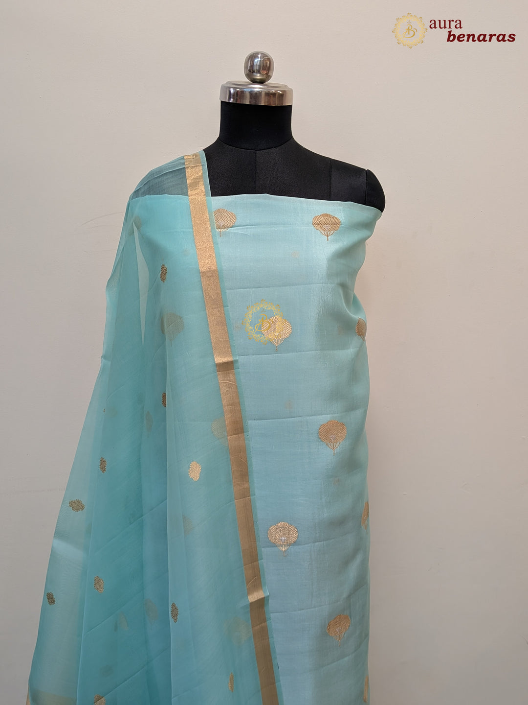 Sky Blue Pure Banarasi Silk Unstitched Suit with Kadhwa Work