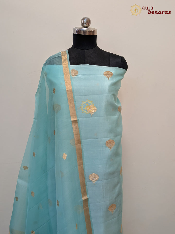 Sky Blue Pure Banarasi Silk Unstitched Suit with Kadhwa Work