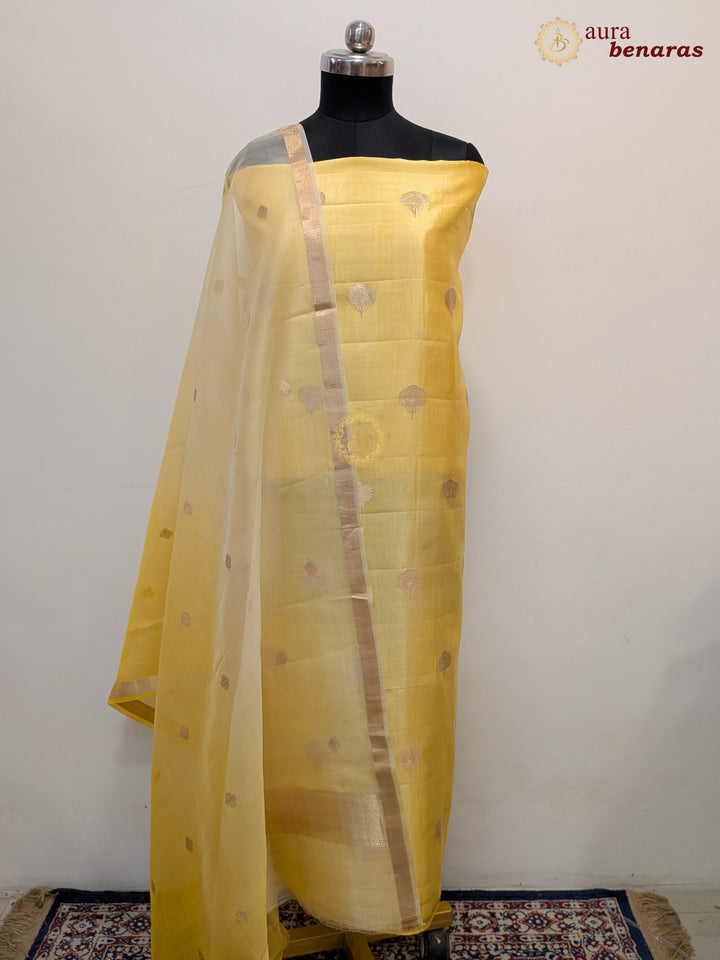 Pastel Yellow Pure Banarasi Silk Unstitched Suit with Kadhwa Work