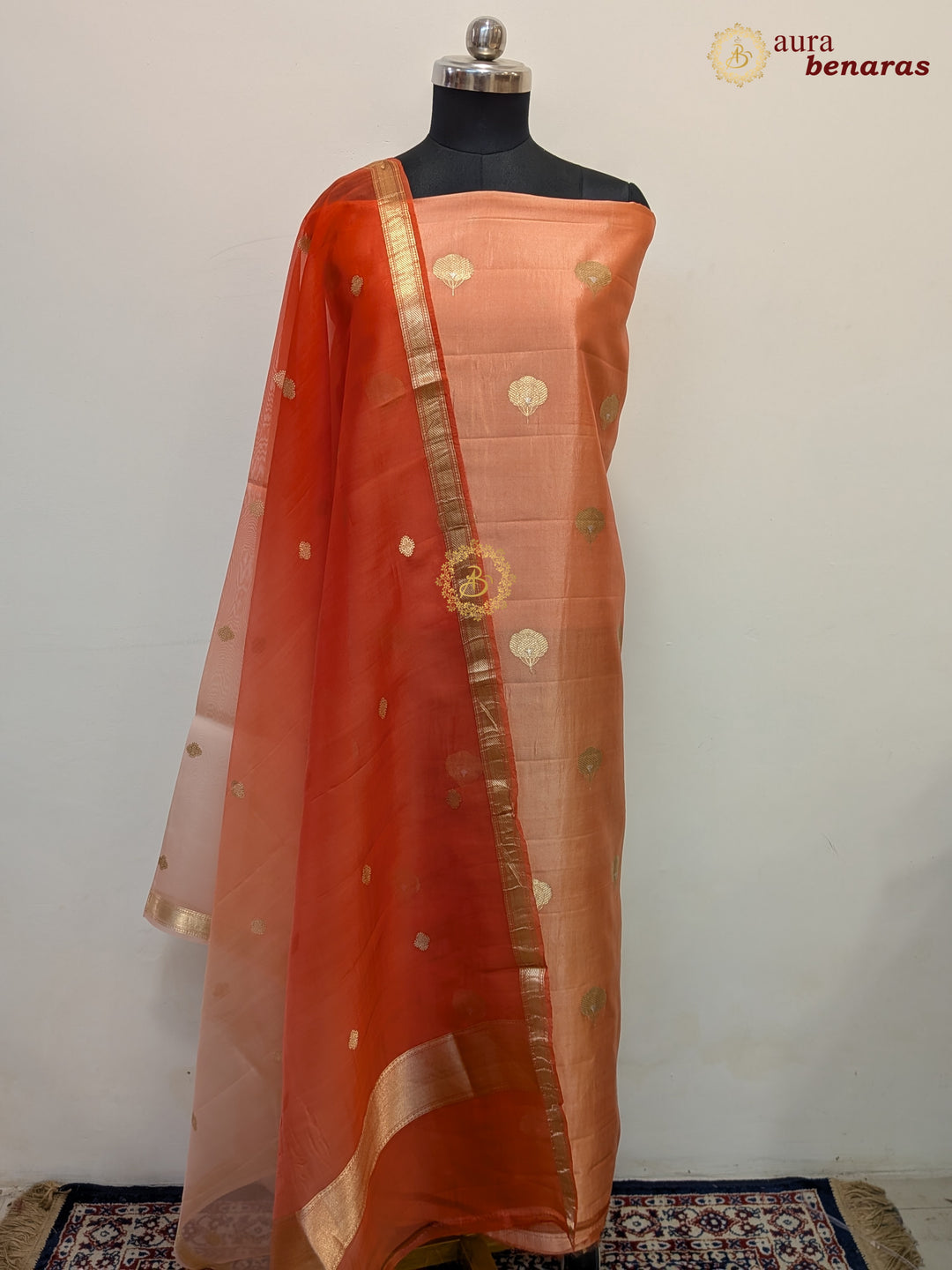 Pastel Orange Pure Banarasi Silk Unstitched Suit with Kadhwa Work