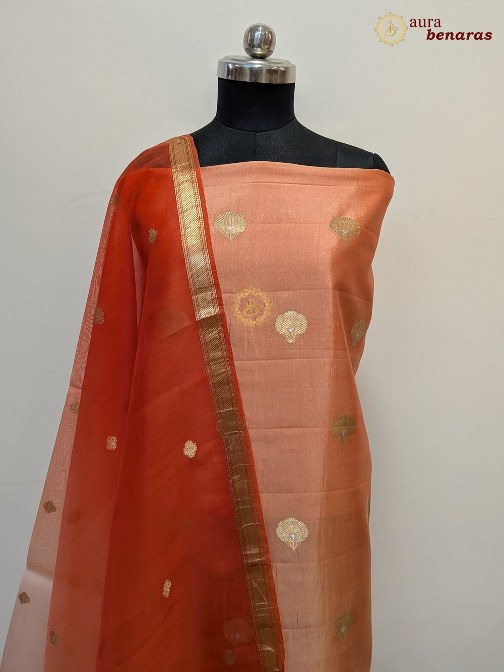 Pastel Orange Pure Banarasi Silk Unstitched Suit with Kadhwa Work