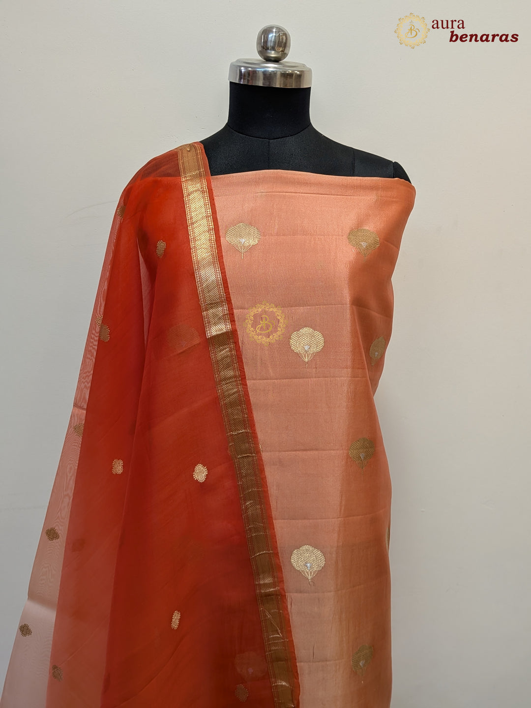 Pastel Orange Pure Banarasi Silk Unstitched Suit with Kadhwa Work