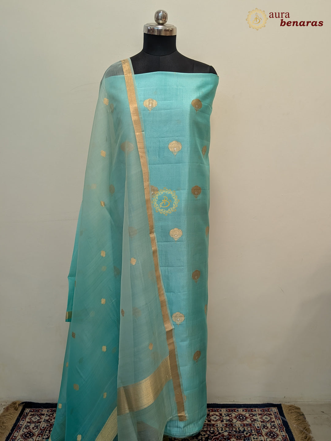 Blue Pure Banarasi Silk Unstitched Suit with Kadhwa Work