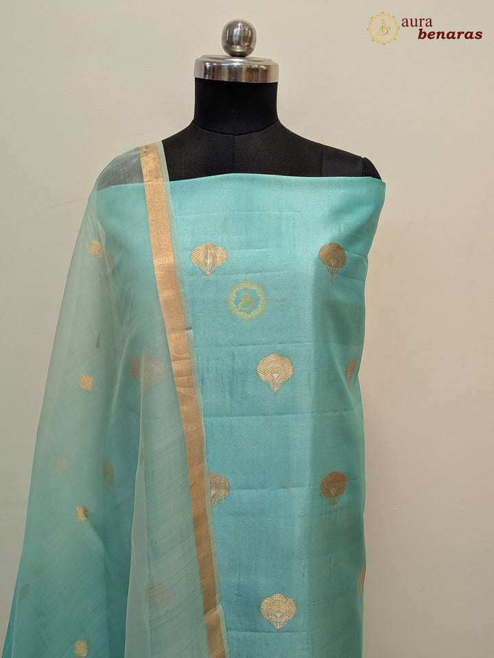 Blue Pure Banarasi Silk Unstitched Suit with Kadhwa Work