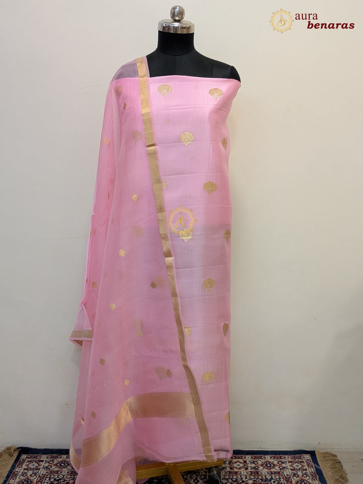 Baby Pink Pure Banarasi Silk Unstitched Suit with Kadhwa Work