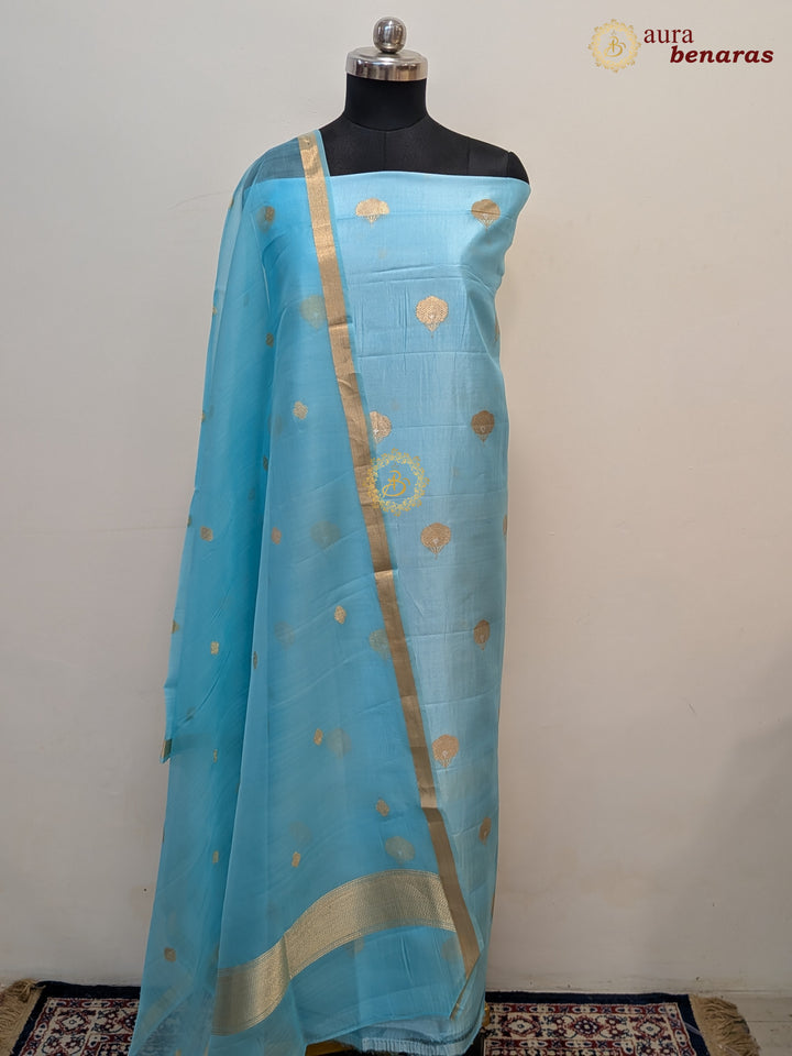 Firozi Blue Pure Banarasi Silk Unstitched Suit with Kadhwa Work
