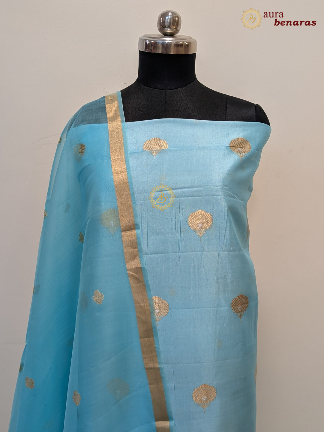 Firozi Blue Pure Banarasi Silk Unstitched Suit with Kadhwa Work