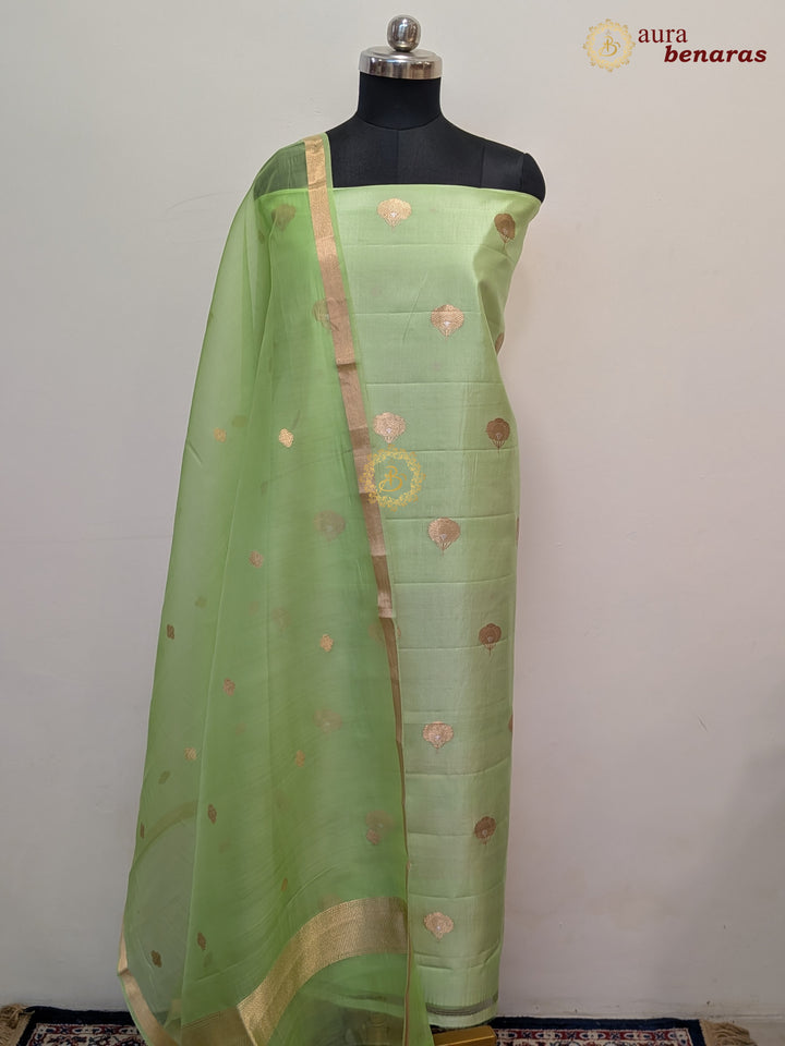 Pista Green Pure Banarasi Silk Unstitched Suit with Kadhwa Work