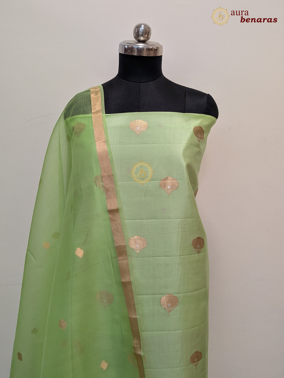 Pista Green Pure Banarasi Silk Unstitched Suit with Kadhwa Work