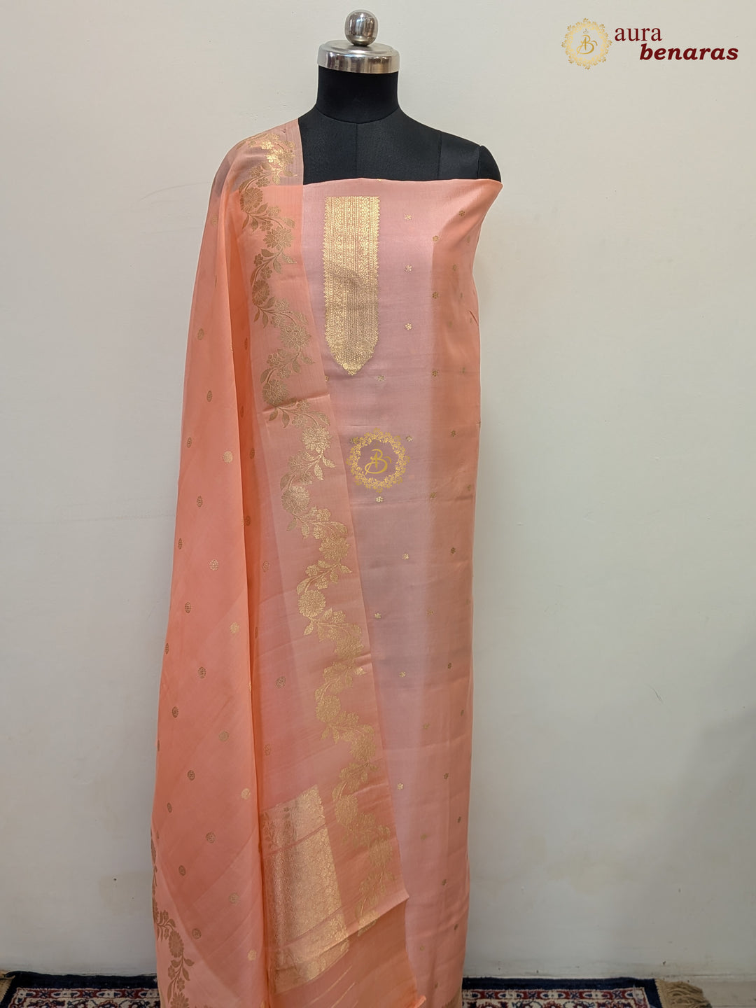 Peach Pure Banarasi Silk Unstitched Suit with Kadhwa Work