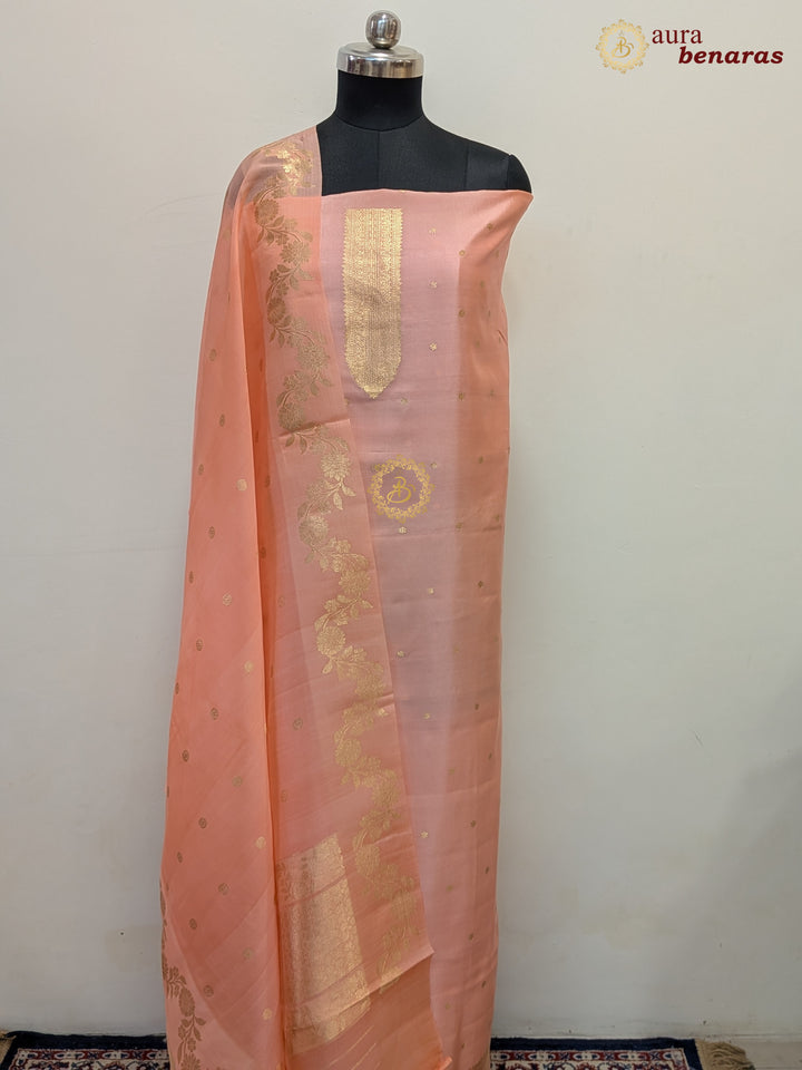 Peach Pure Banarasi Silk Unstitched Suit with Kadhwa Work