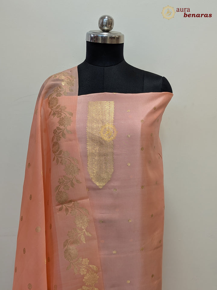 Peach Pure Banarasi Silk Unstitched Suit with Kadhwa Work