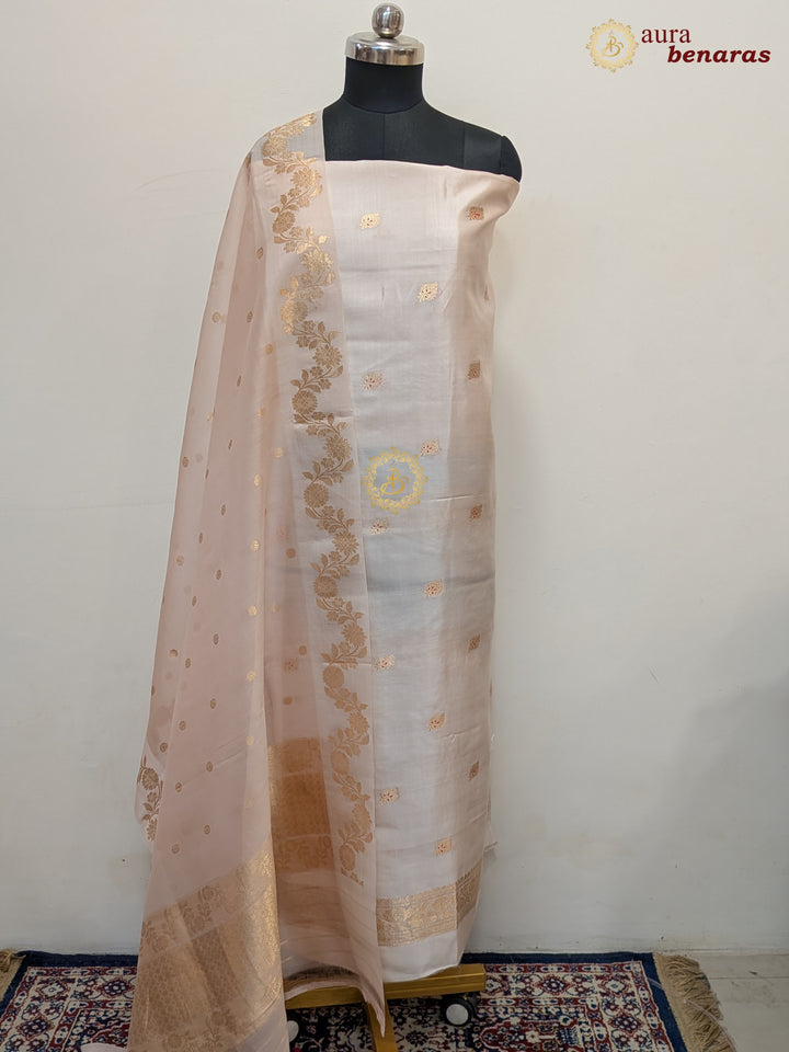 Cream Pure Banarasi Silk Unstitched Suit with Kadhwa Work