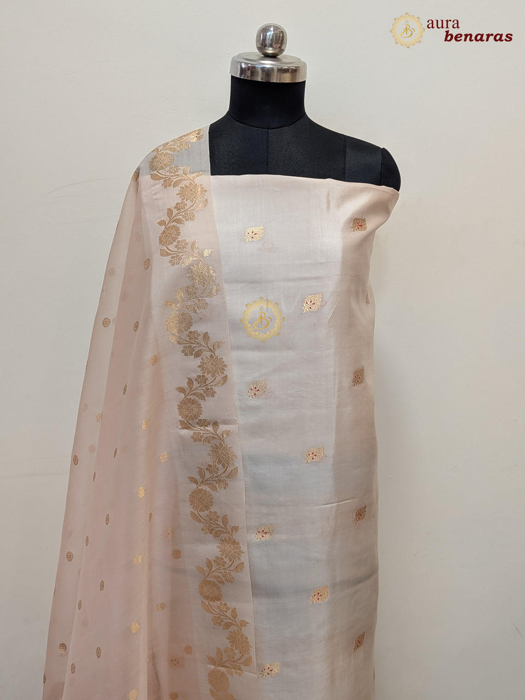 Cream Pure Banarasi Silk Unstitched Suit with Kadhwa Work