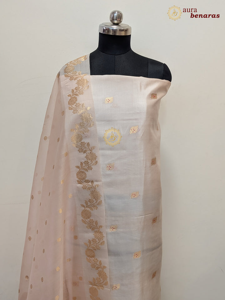 Cream Pure Banarasi Silk Unstitched Suit with Kadhwa Work
