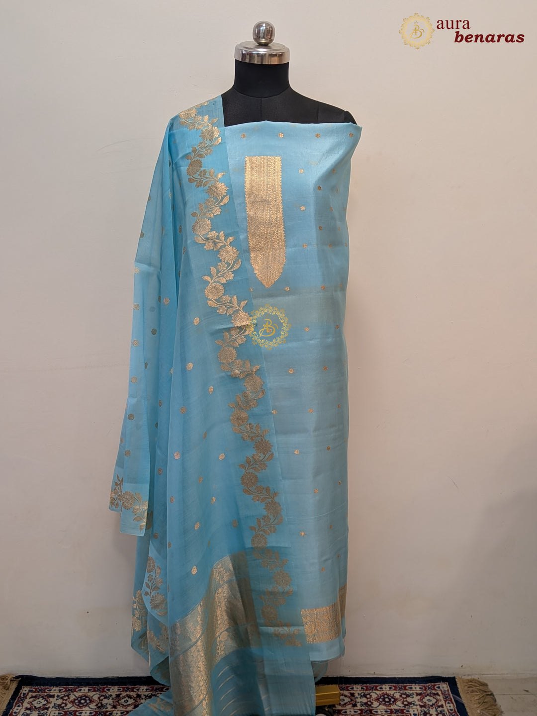 Blue Pure Banarasi Silk Unstitched Suit with Kadhwa Work