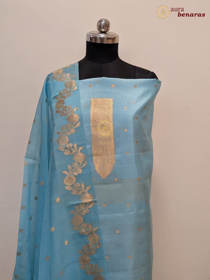 Blue Pure Banarasi Silk Unstitched Suit with Kadhwa Work