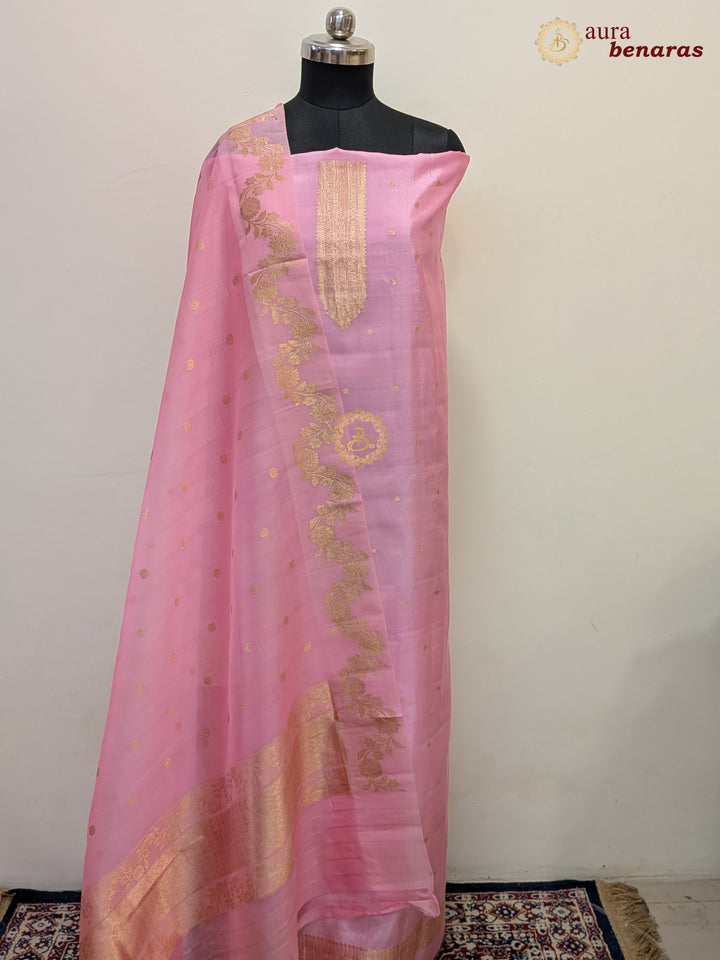 Baby Pink Pure Banarasi Silk Unstitched Suit with Kadhwa Work