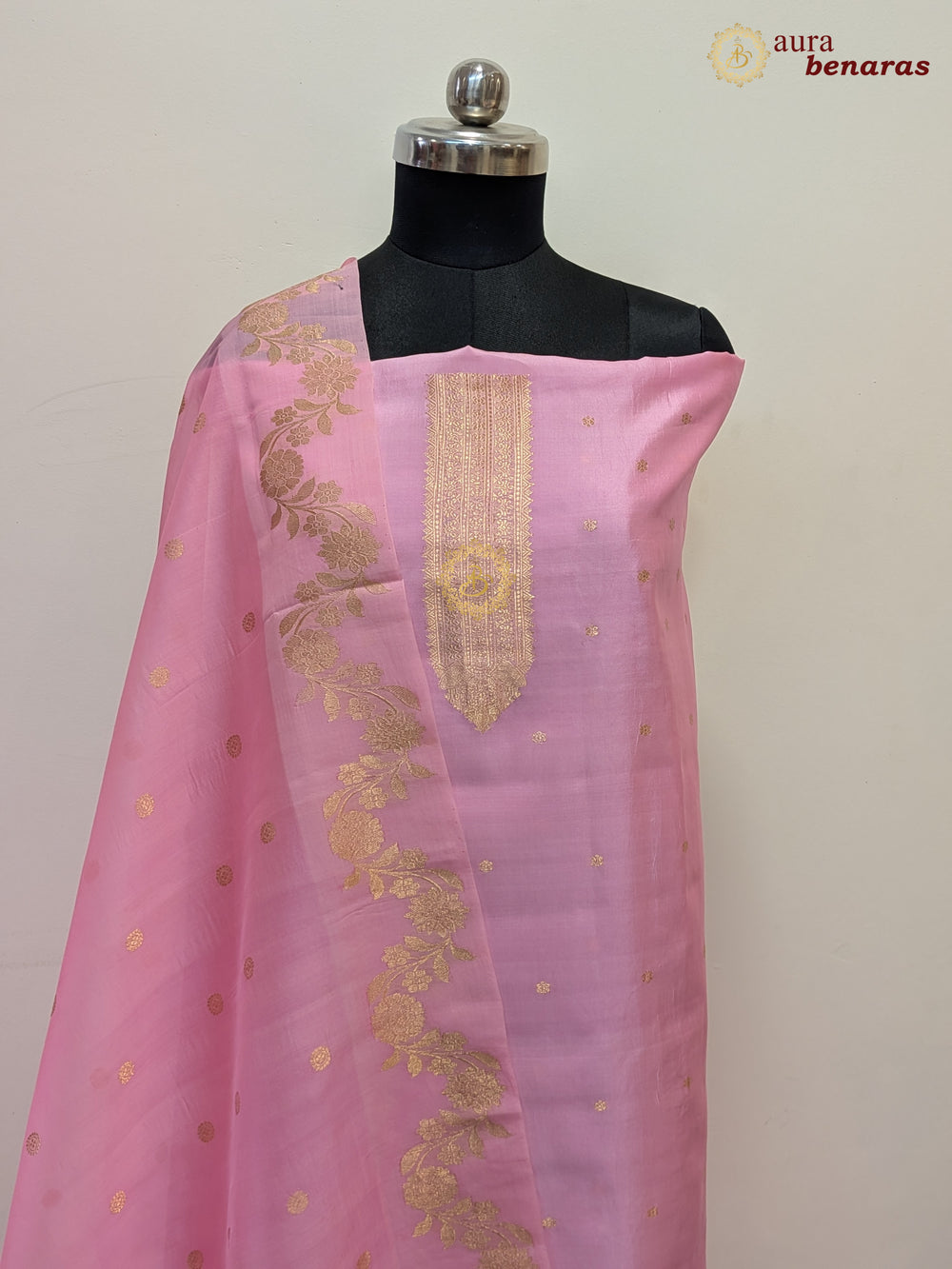 Baby Pink Pure Banarasi Silk Unstitched Suit with Kadhwa Work