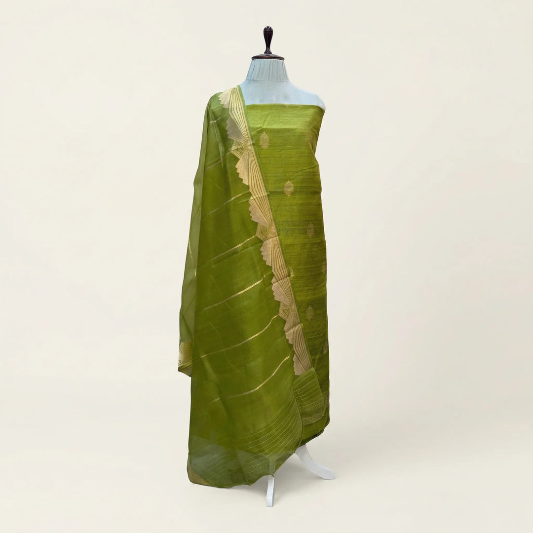 Parrot Green Banarasi Raw Silk Unstitched Suit with Kadhwa Work