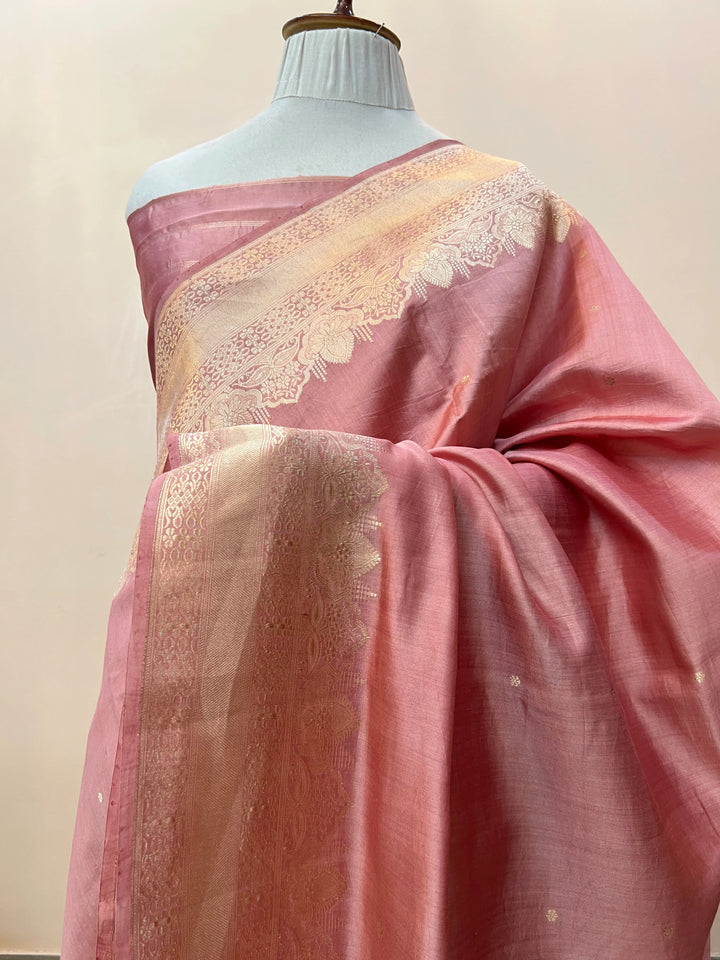 Draped pic of Pastel Pink Pure Chiniya Silk Handloom Banarasi Saree with golden zari kadhwa butis