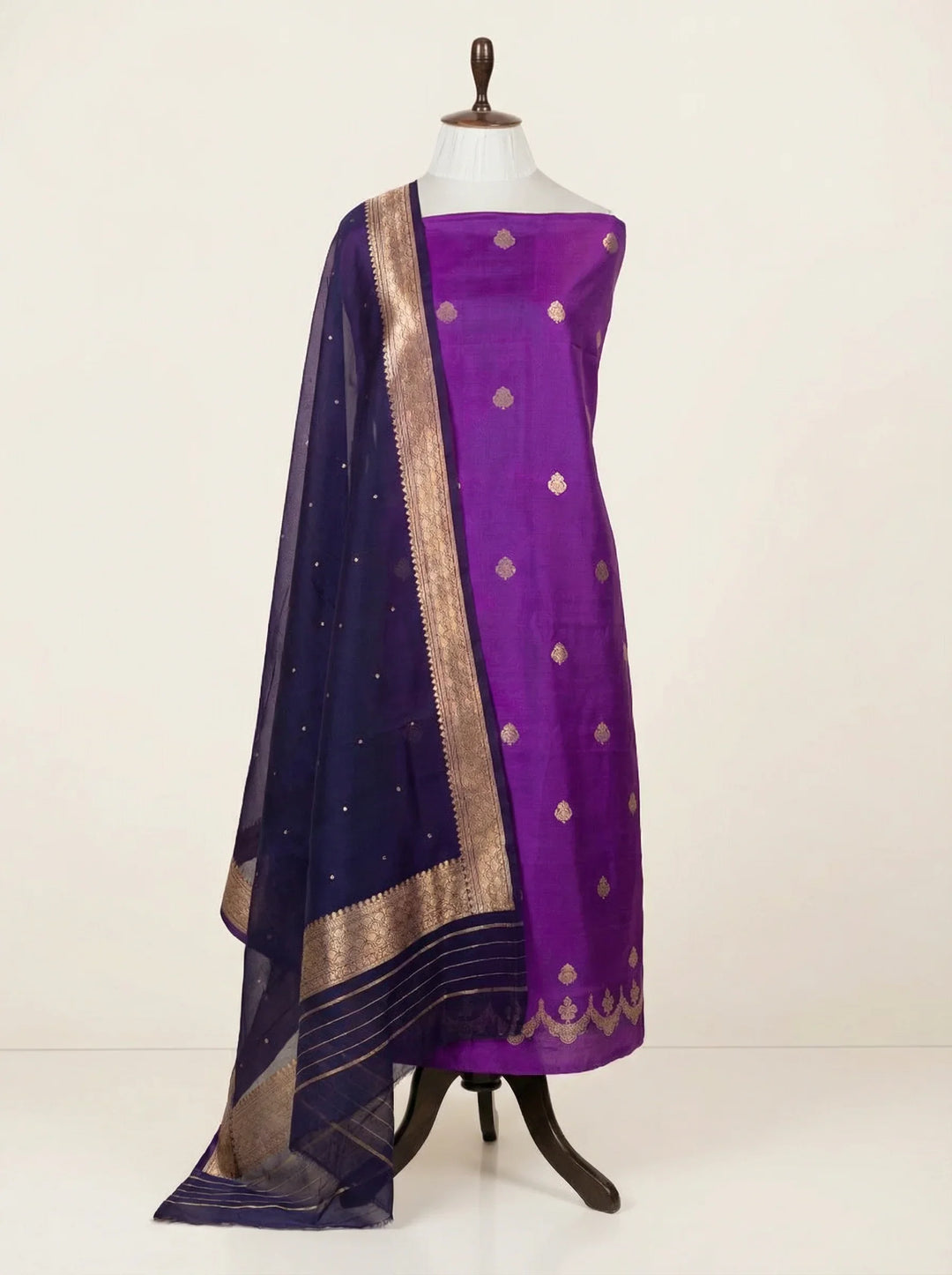 Purple Pure Banarasi Silk Unstitched Suit Kadhwa Work