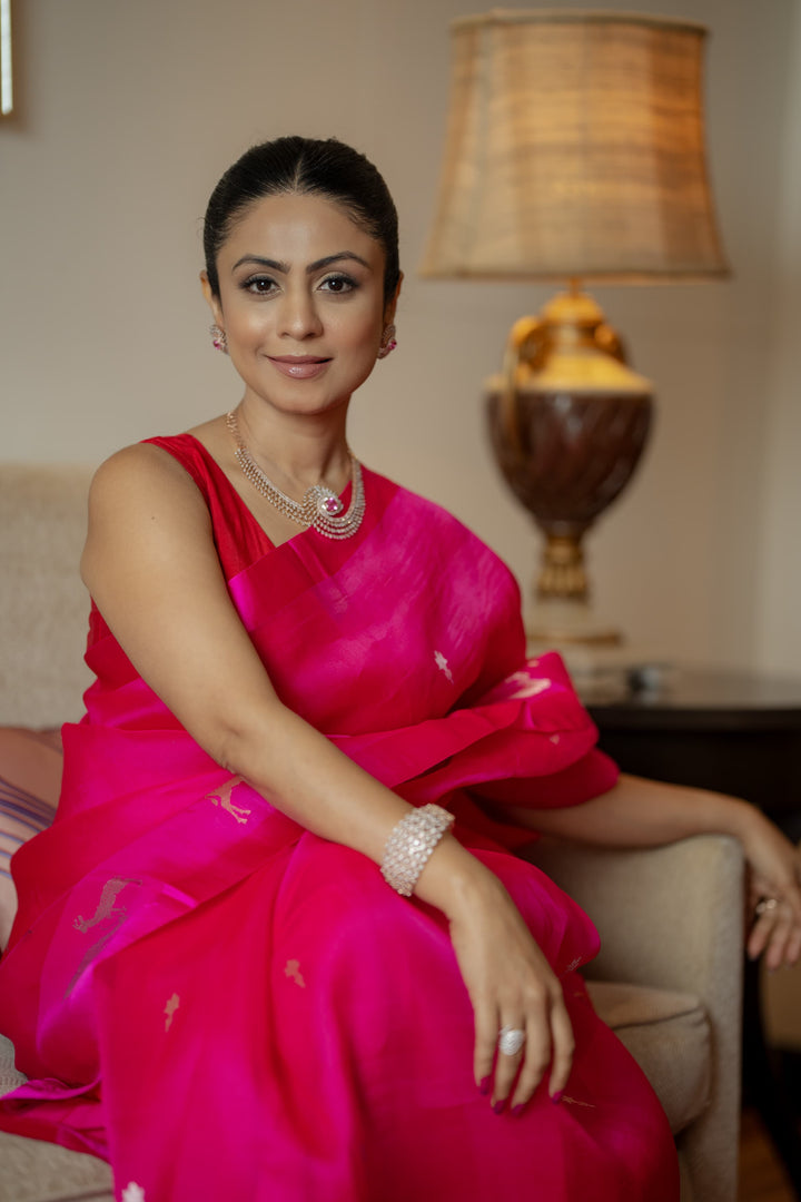 Hot Pink Pure Kora Silk Handloom Banarasi Saree