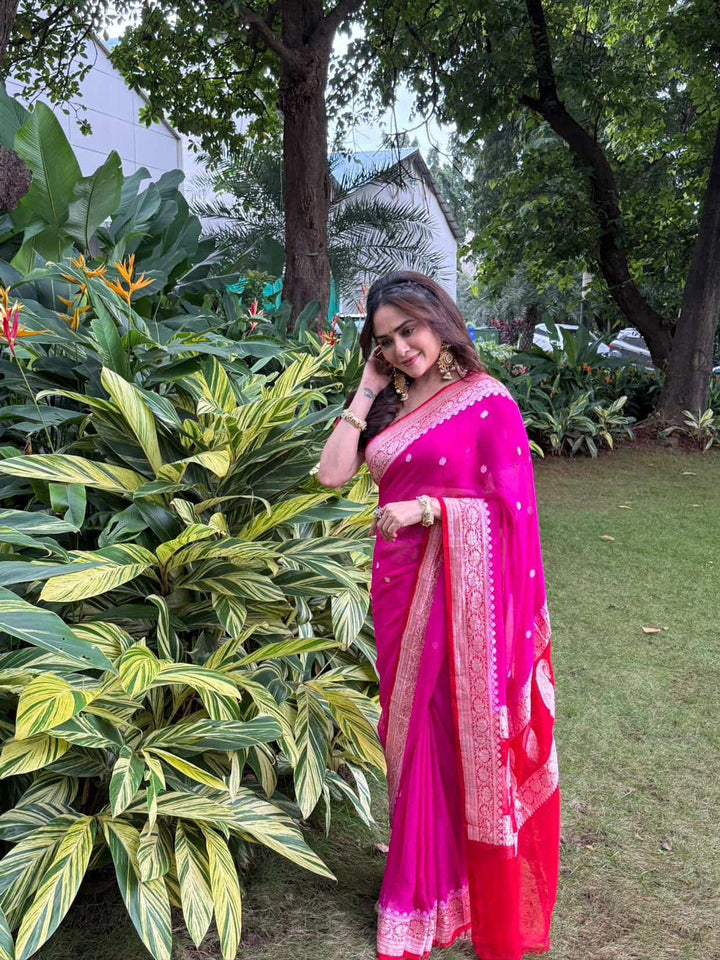 Rani Pink Khaddi Chiffon Banarasi Saree with Silver Zari 