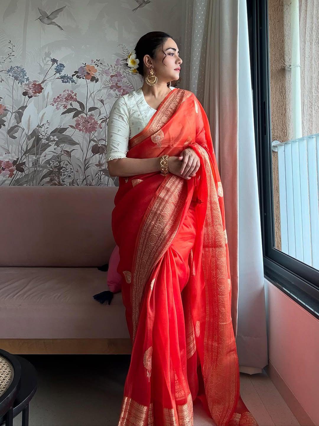 Orange Pure Kora Silk Banarasi Saree with Sona Rupa Zari 