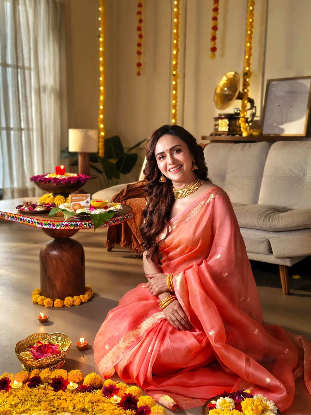 Peach Pure Kora Silk Banarasi Saree with Zari Butis & Border