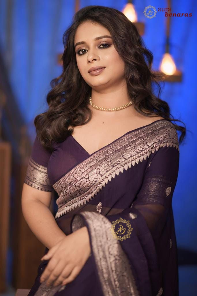 Brown Khaddi Chiffon Banarasi Saree Silver Zari Kadhwa Weave