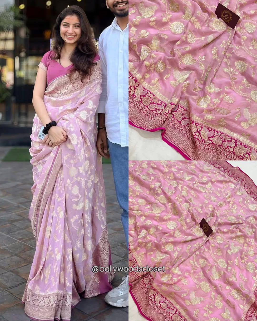 Baby Pink Pure Banarasi Khaddi Georgette Saree - AuraBenaras