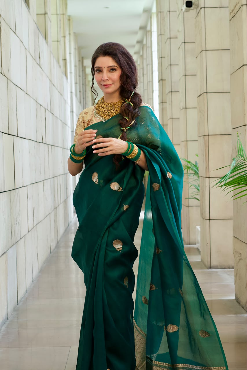 Dr Jai Madaan in a Bottle Green Kora Silk Banarasi Saree with Sona Rupa Butis