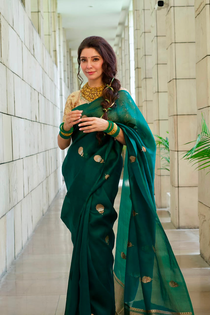 Dr Jai Madaan in a Bottle Green Kora Silk Banarasi Saree with Sona Rupa Butis