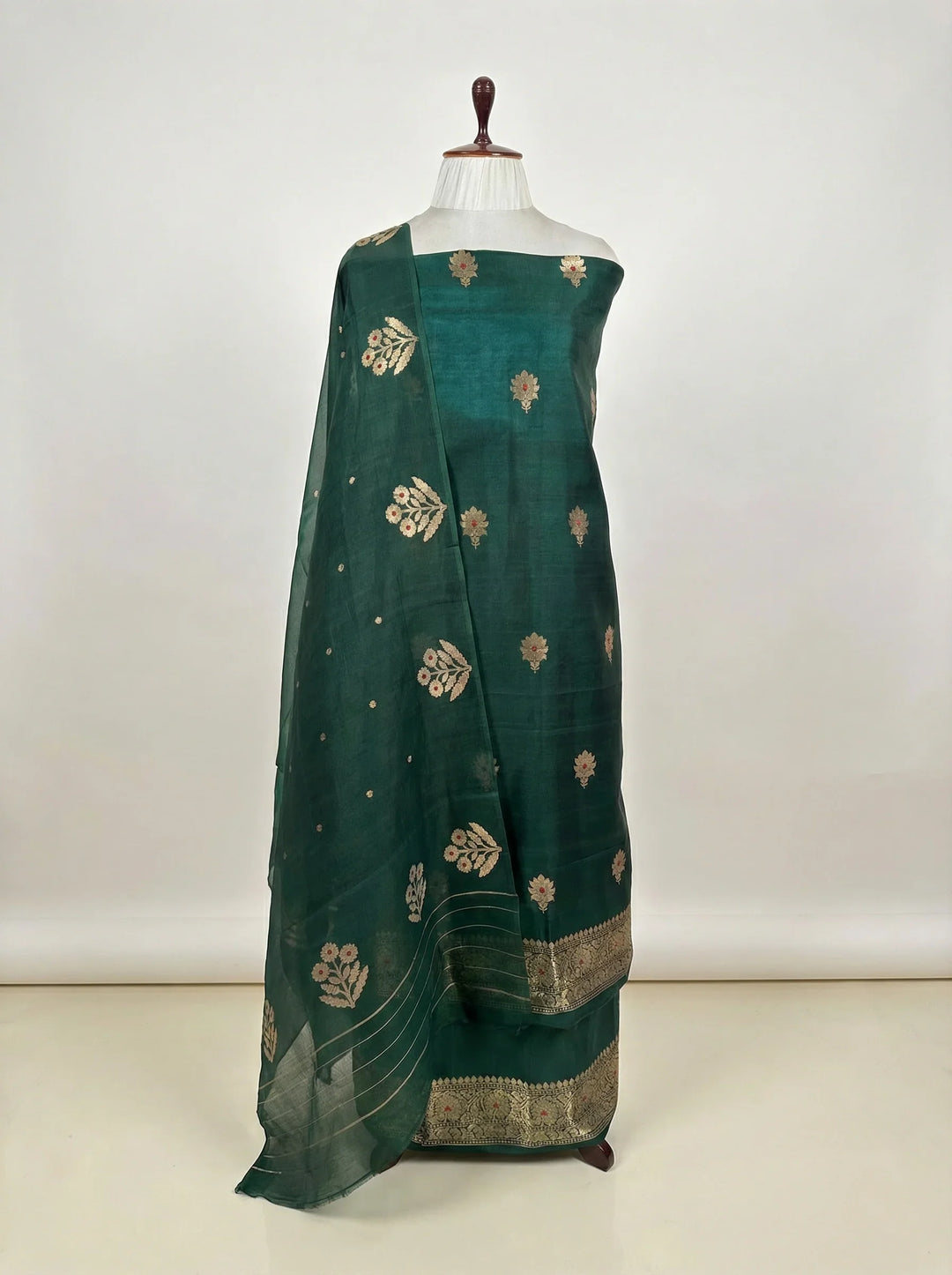 Bottle Green Pure Banarasi Silk Unstitched Suit Kadhwa Work