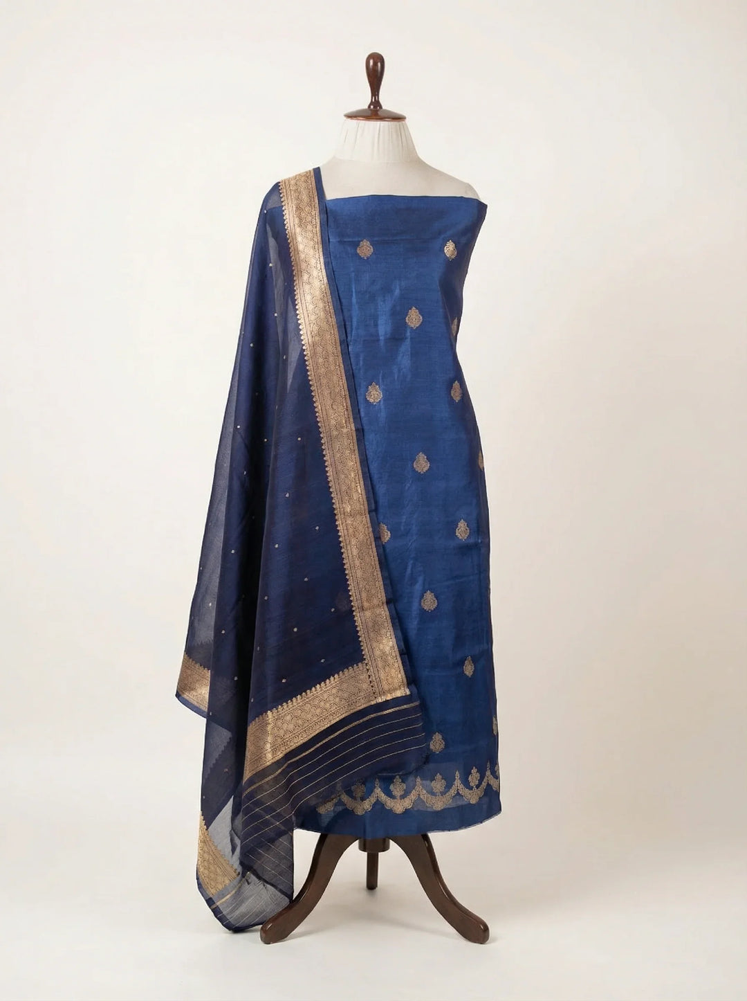 Navy Blue Pure Banarasi Silk Unstitched Suit Kadhwa Work