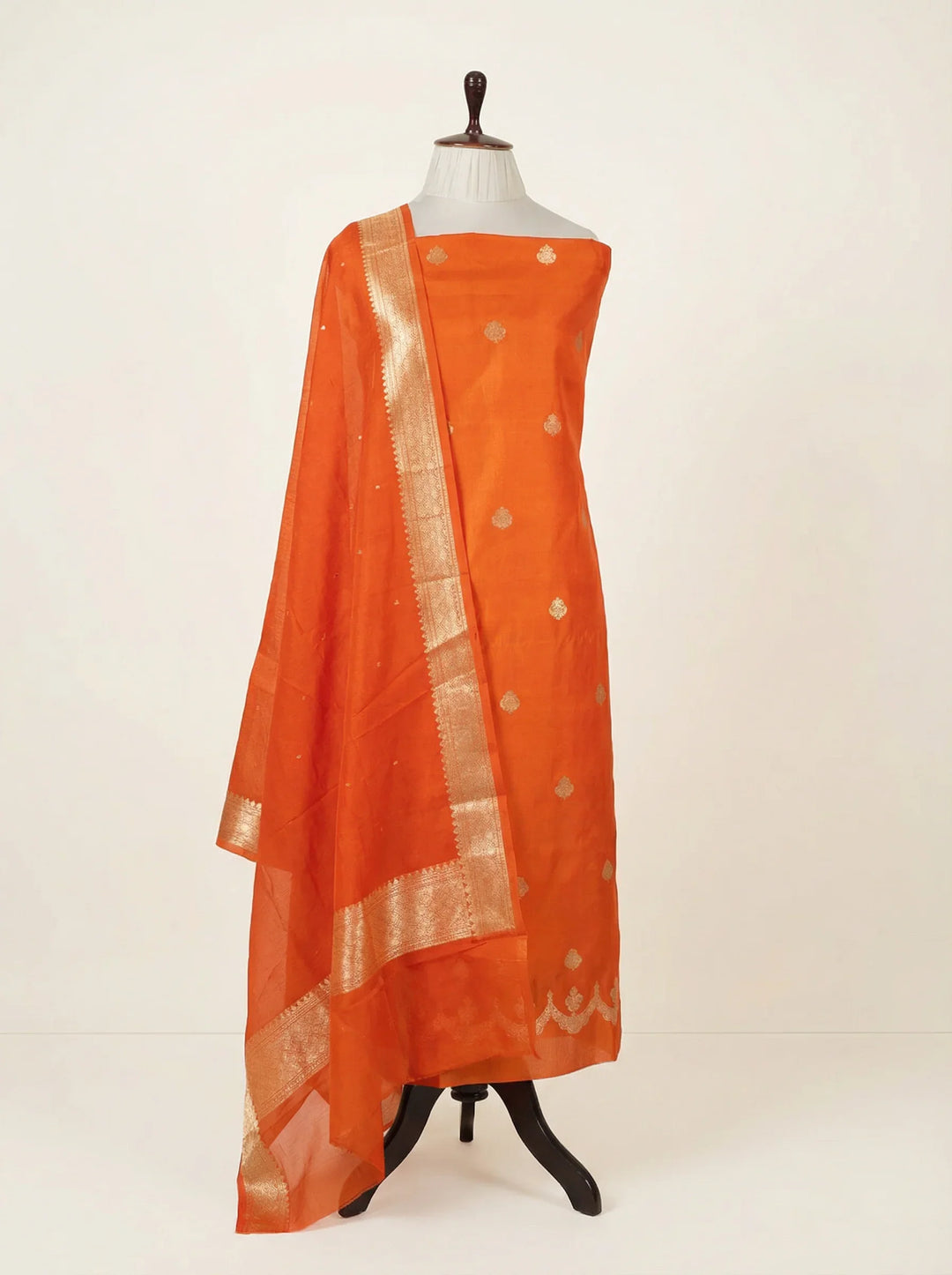 Orange Pure Banarasi Silk Unstitched Suit Kadhwa Work