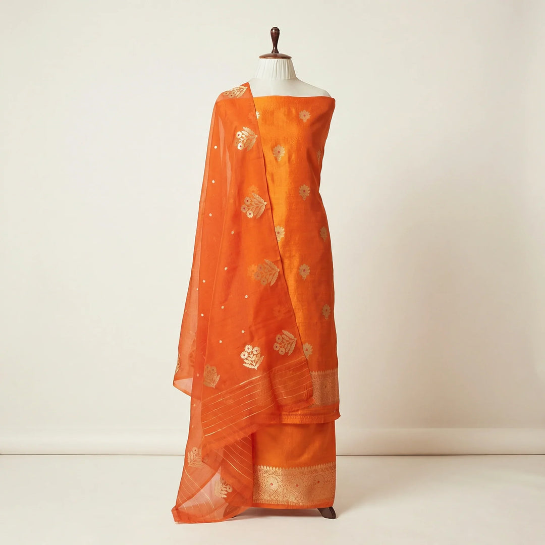 Orange Pure Banarasi Silk Unstitched Suit Kadhwa Work