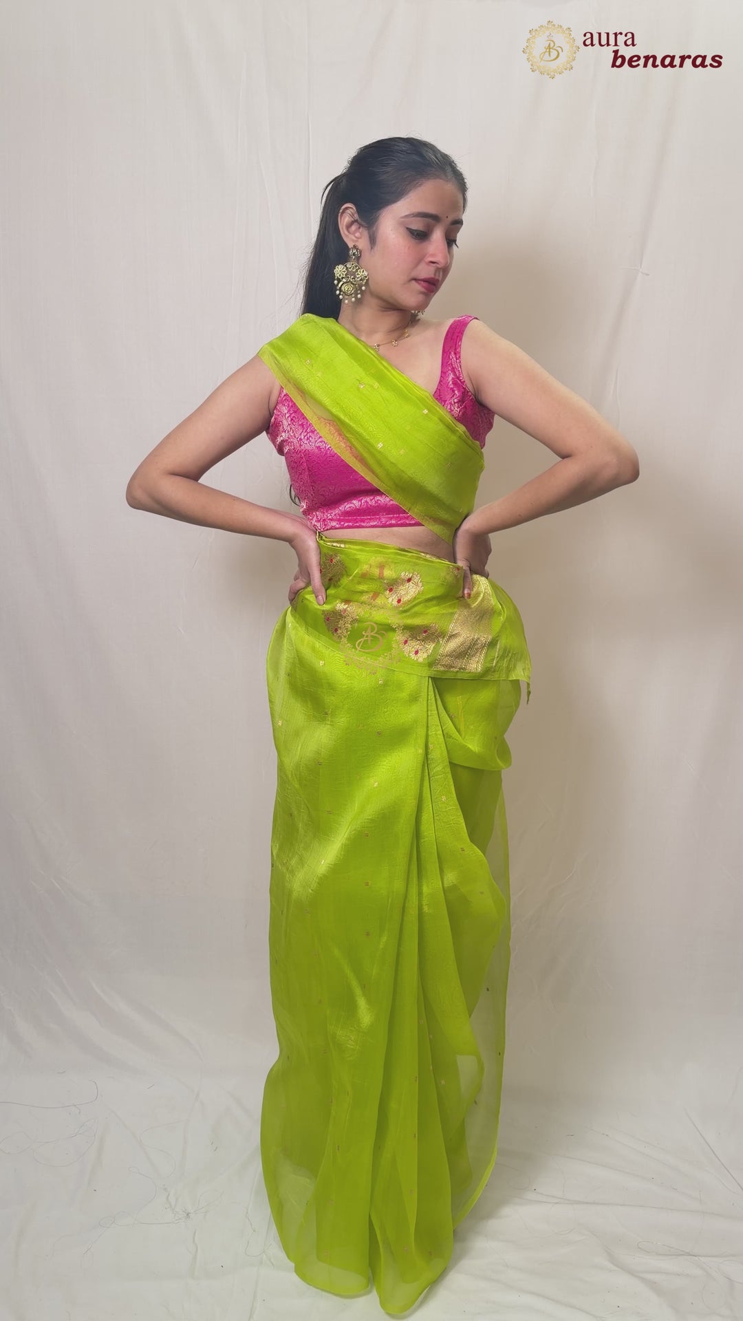 Parrot Green Pure Kora silk Handloom Banarasi Saree