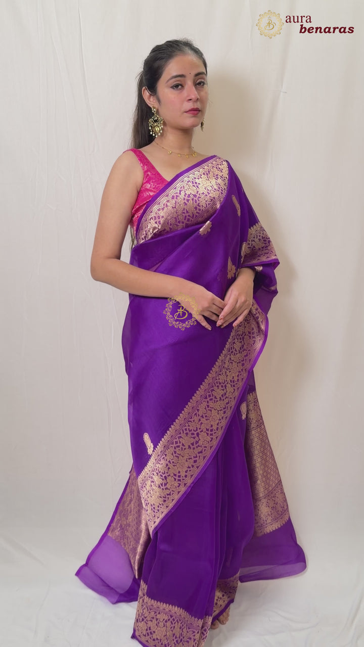 Purple Pure Kora Silk Handloom Banarasi Saree - Aura Benaras