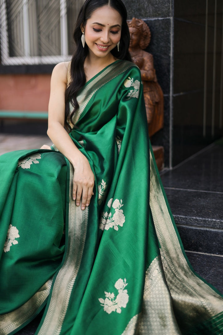 Bottle Green Pure Silk Handloom Banarasi Saree