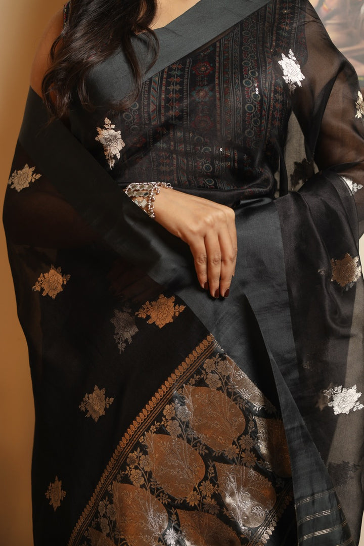 Black Pure Kora Silk Handloom Banarasi Saree