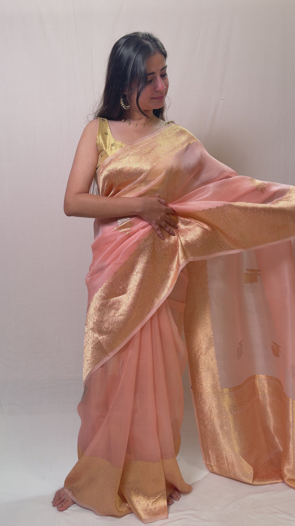 Peach Banarasi Kora Organza Sari with Gold Zari Work