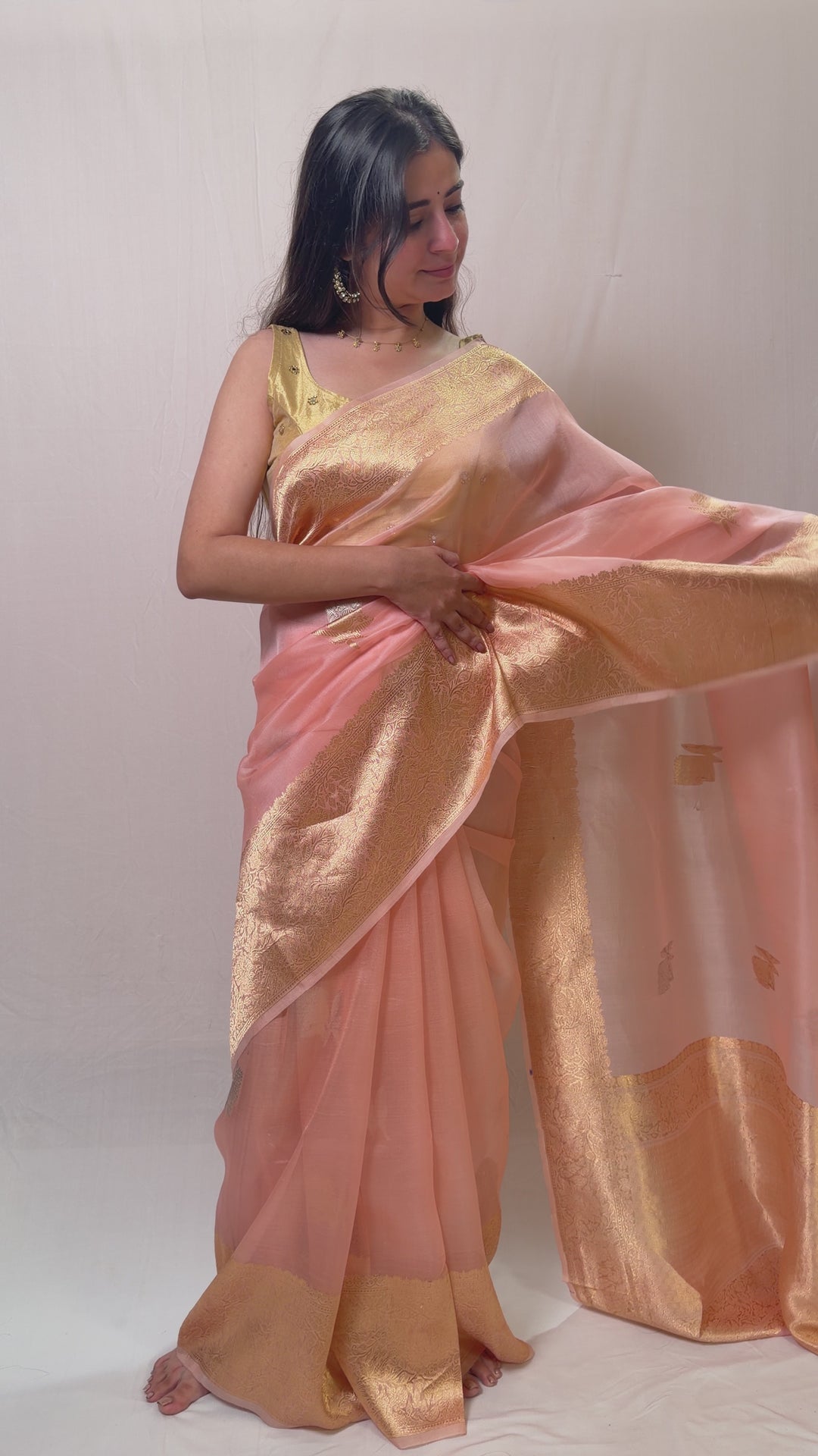 Peach Banarasi Kora Organza Sari with Gold Zari Work