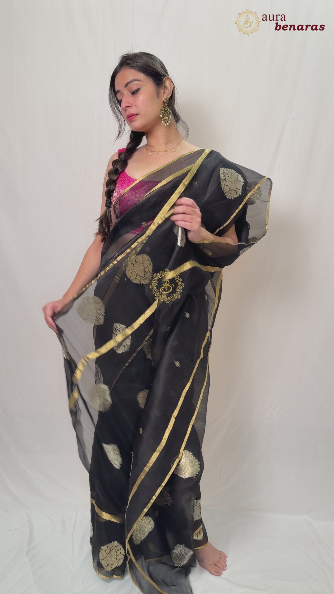 Black Pure Kora Silk Handloom Banarasi Saree | Kadhwa butis