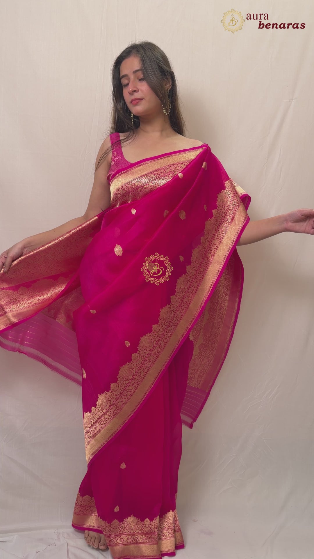Rani Pink Pure Banarasi Handloom Kora Silk Saree